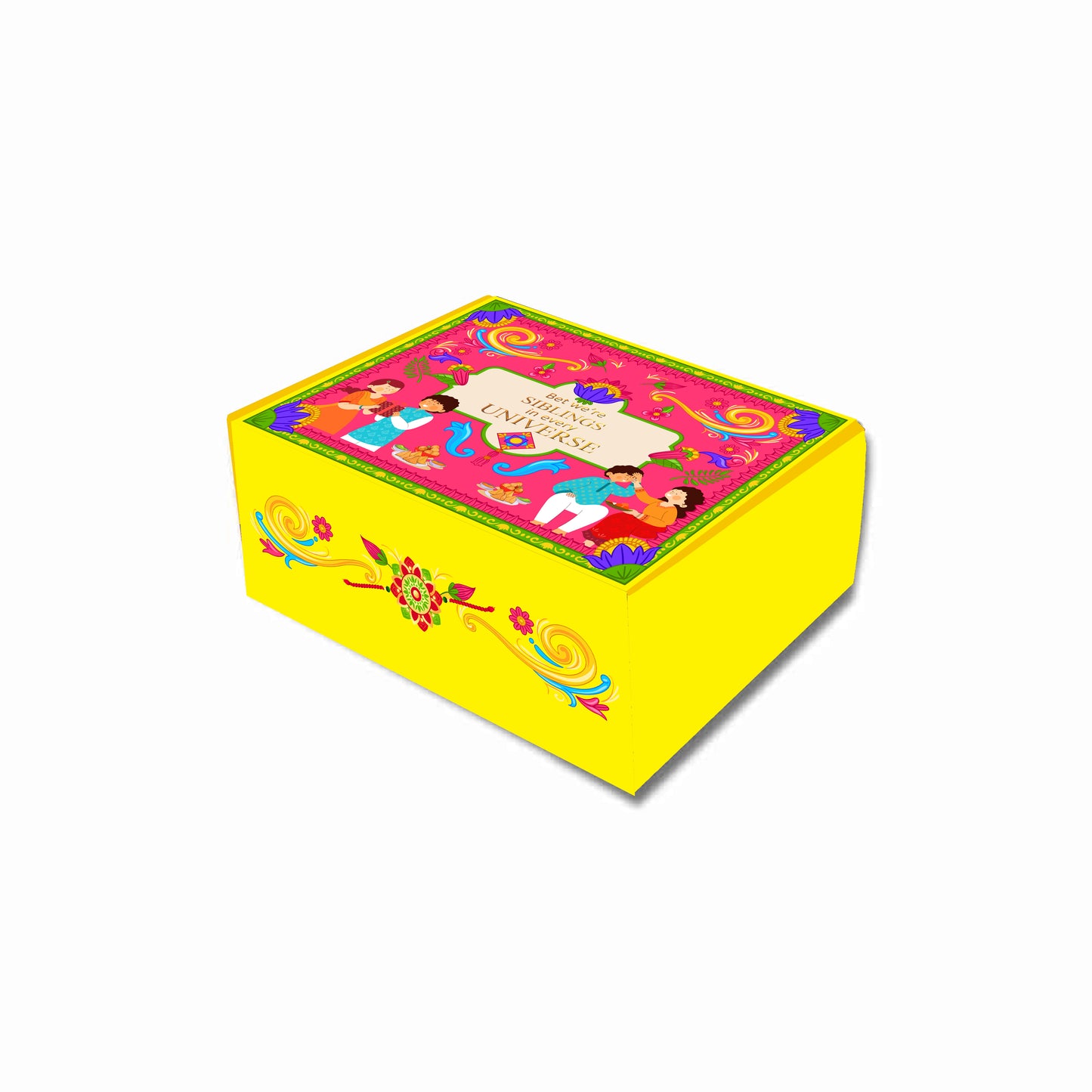 A yellow corrugated gift box with multicolor floral patterns and a 'Raksha Bandhan' text on the lid.