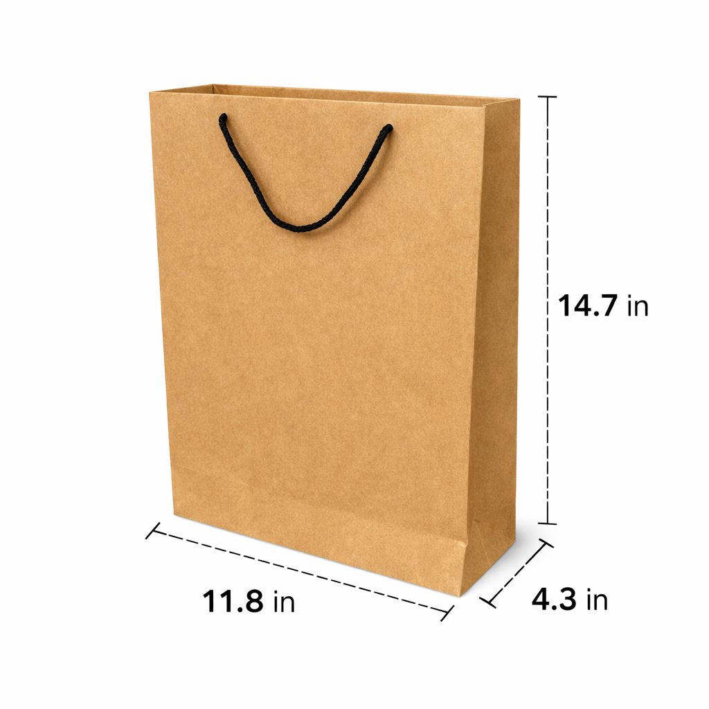 11.8 x 4.3 x 14.7 inch kraft paper bag with black rope handles for custom retail and gift packaging.