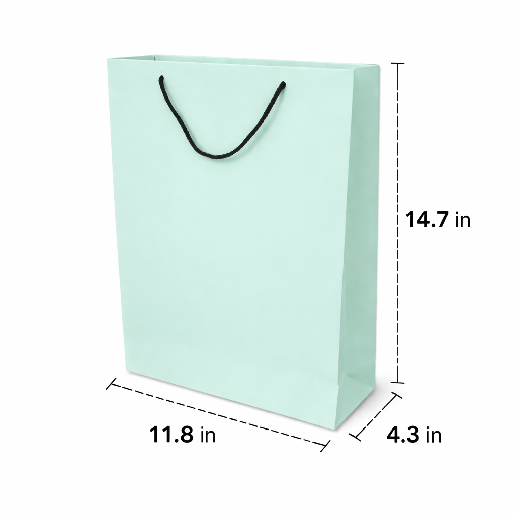 11.8 x 4.3 x 14.7 inch pastel green paper gift bag with black rope handles for custom retail and gift packaging.