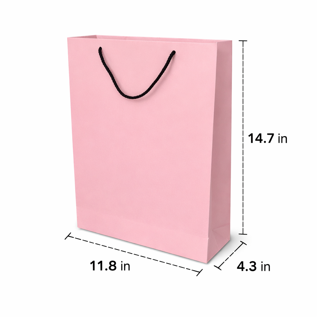 11.8 x 4.3 x 14.7 inch peach custom paper bag with black rope handles for retail and gift packaging.