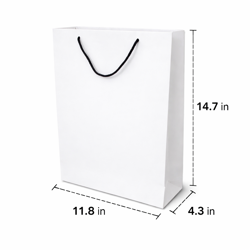 11.8 x 4.3 x 14.7 inch white paper gift bag with black handles for retail, gifting and event packaging.