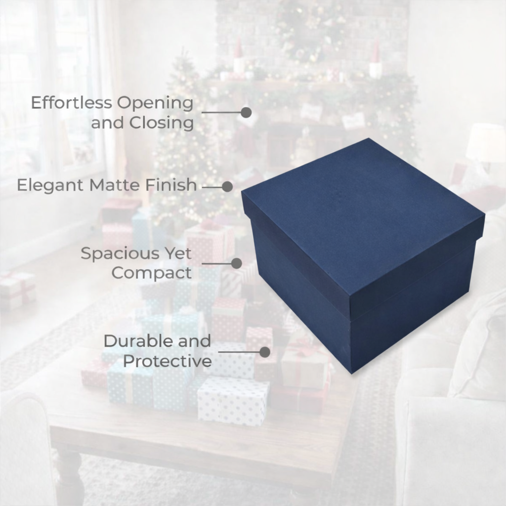 12x12x5 inch blue rigid hamper box with top bottom lid for luxury gift boxes, festive hampers, wedding gifts and corporate packaging.