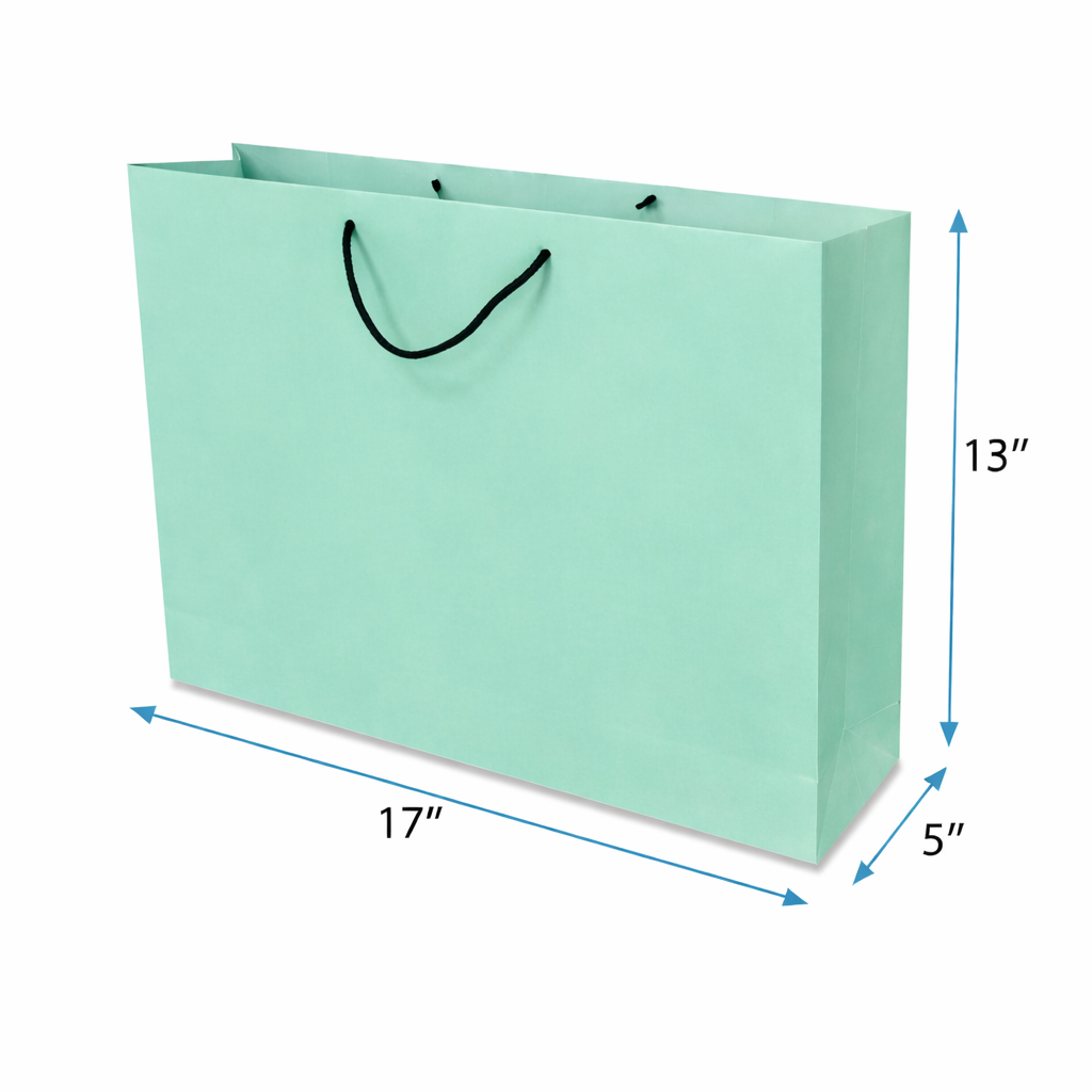 17x13x5 Inch premium green paper shopping bag with rope handles for apparel stores, fashion boutiques and custom retail packaging.