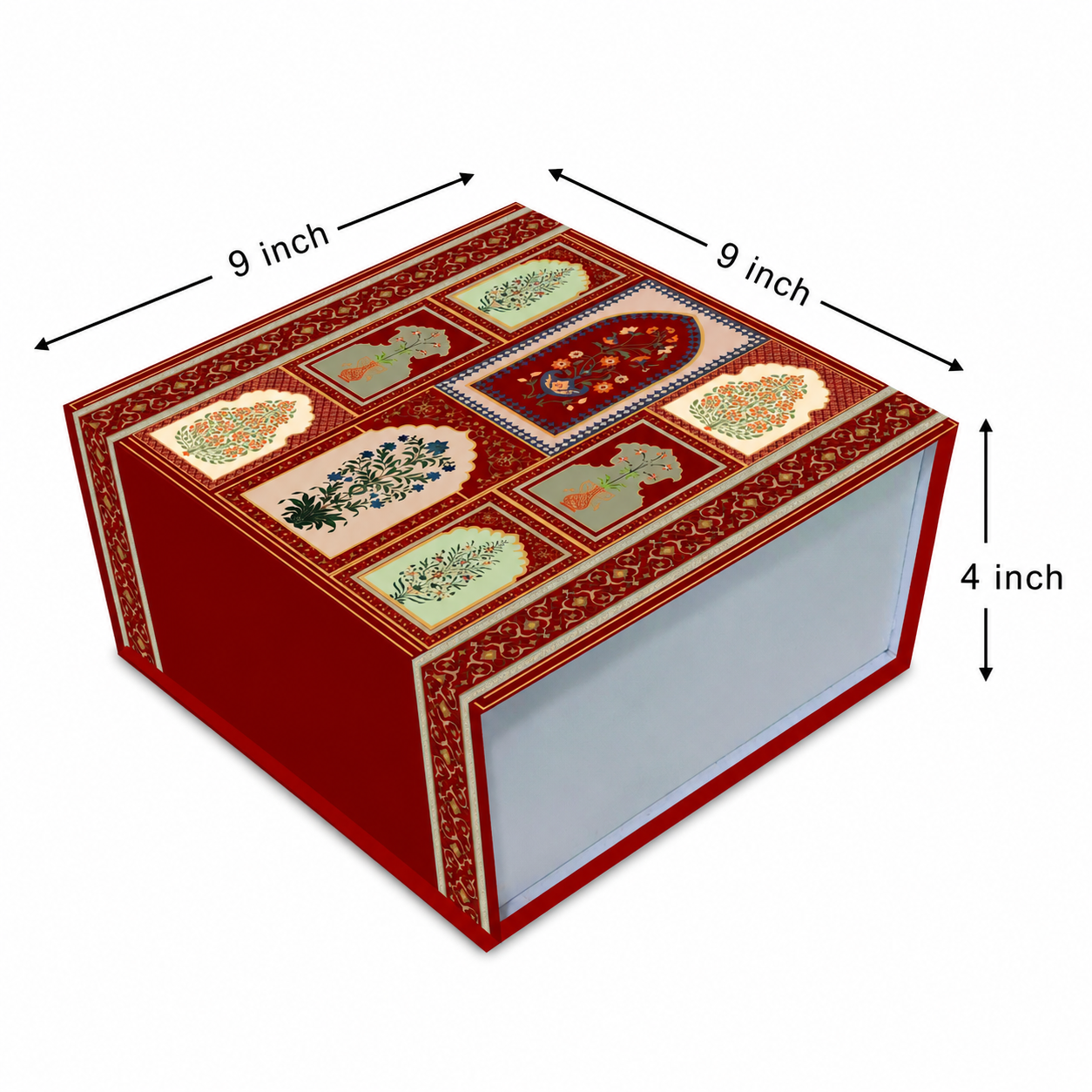 Royal Jharokha Magnetic Rigid Hamper Box with Gold Foil (9x9x4 inch)