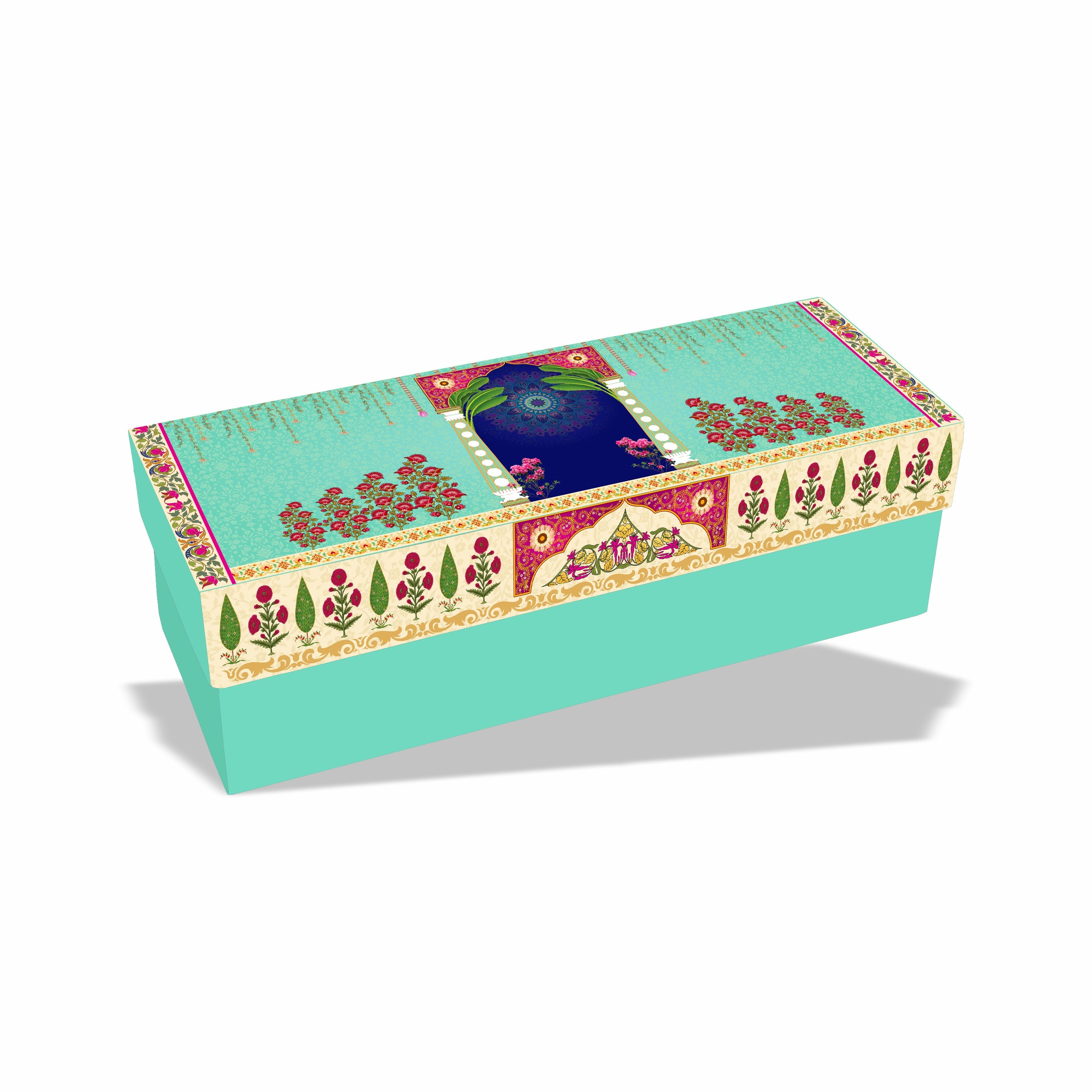 Turquoise Darbar 2 Jar & 6 Chocolate Hamper Box (Top Bottom Pattern) with Custom Logo Print