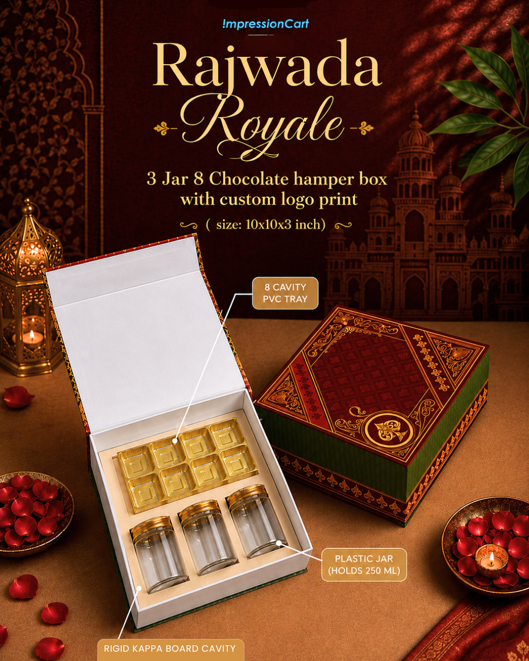 Rajwada Royale (10x10x3 inch) 3 Jar 8 Chocolate hamper box with custom logo print