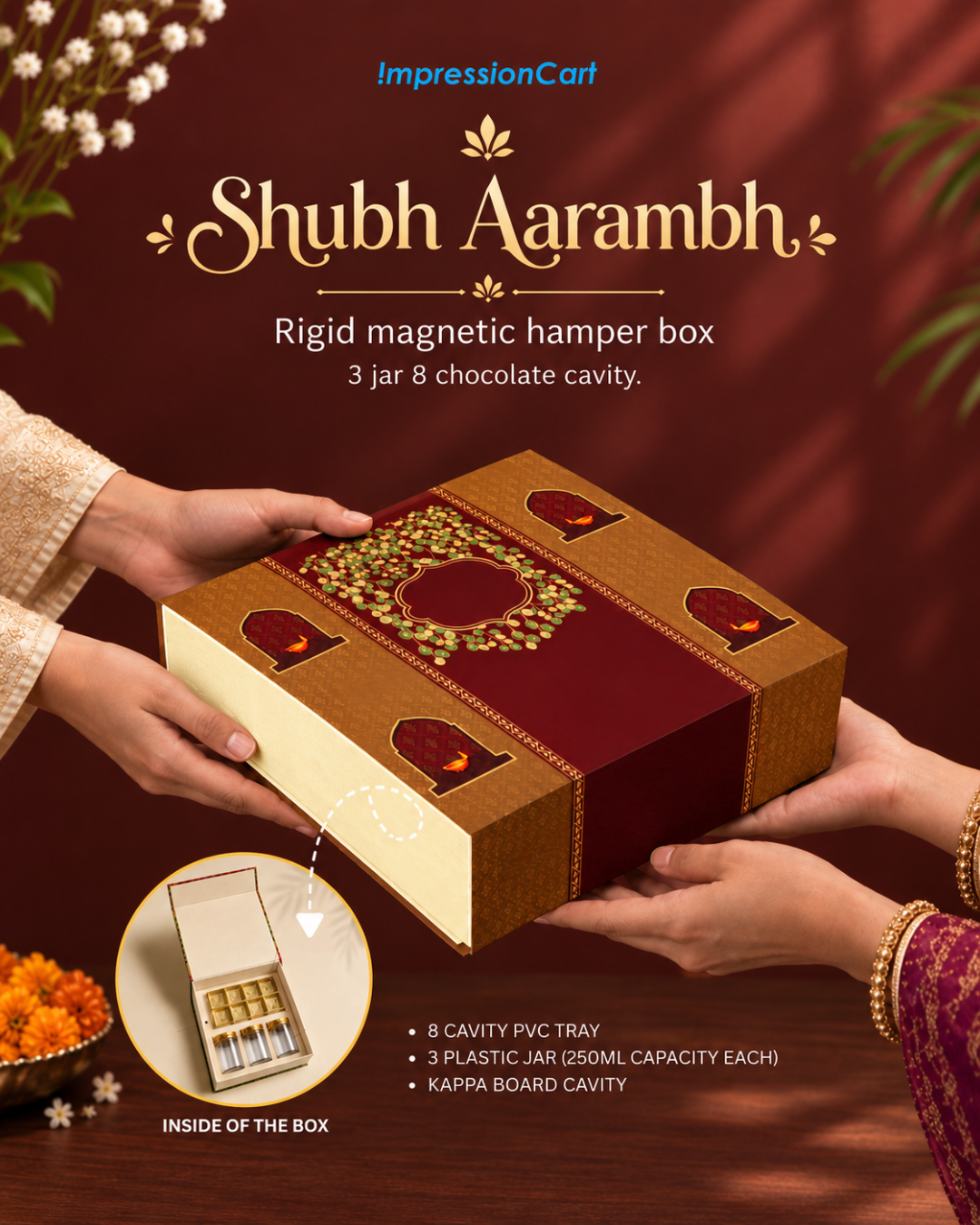 Shubh Aarambh (10x10x3 inch) 3 Jar 8 Chocolate hamper box with custom logo print
