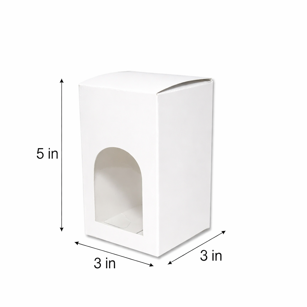 3 x 3 x 5 inch white window bakery packaging box for cupcakes, pastries and takeaway food products.