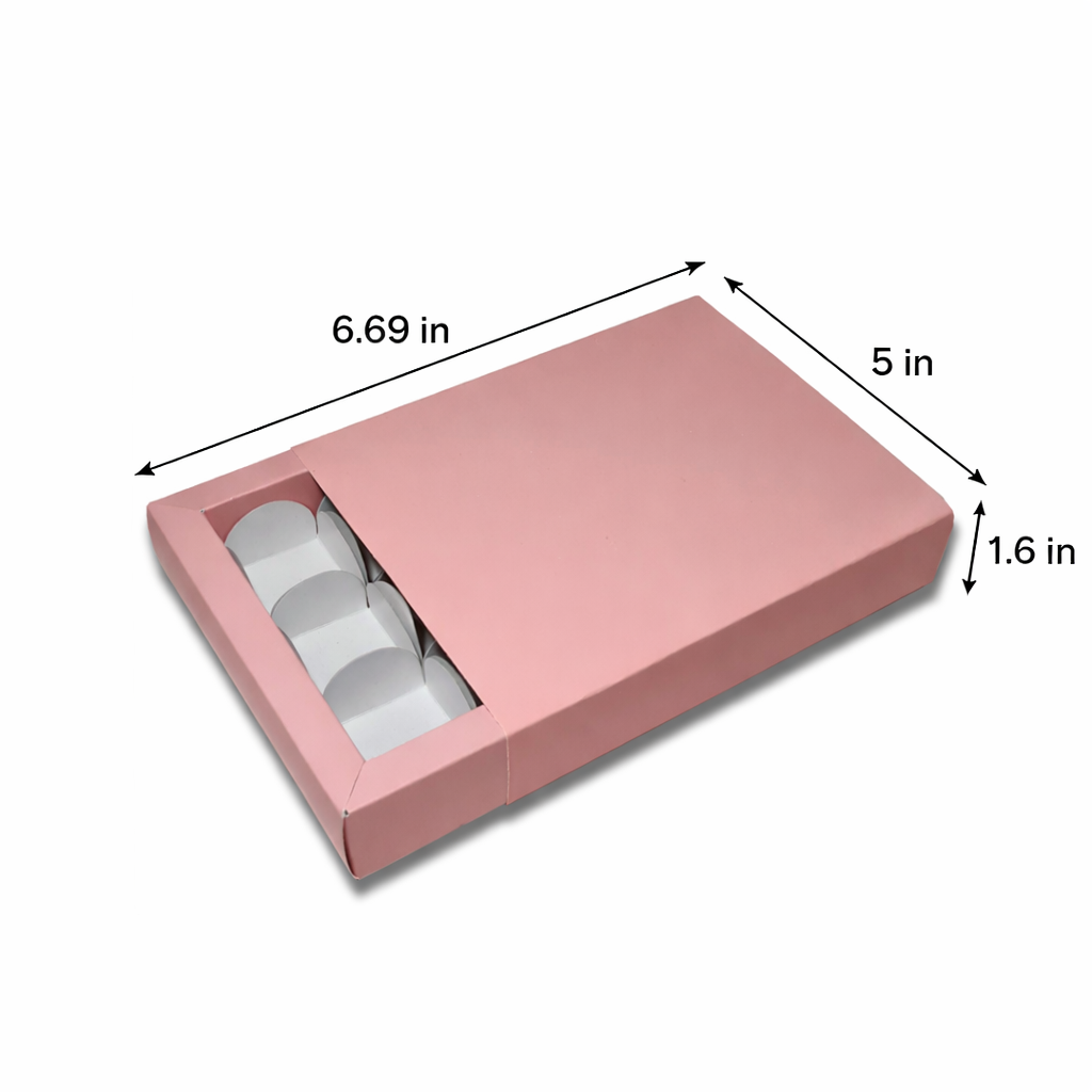 6.69 x 5 x 1.6 inch peach chocolate tray box with compartments for premium chocolate packaging.