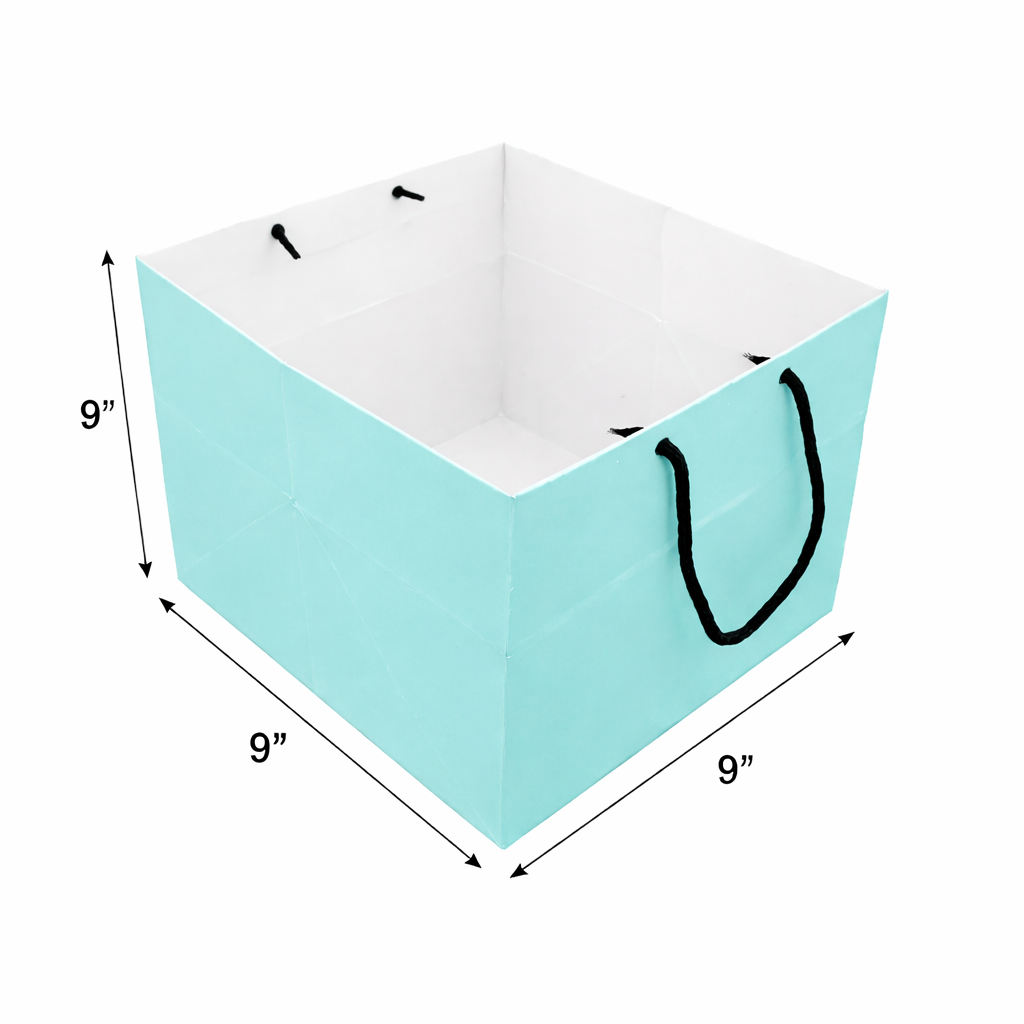9 x 9 x 9 inch blue standard paper gift bag with black handles for retail, gifting and bakery packaging.