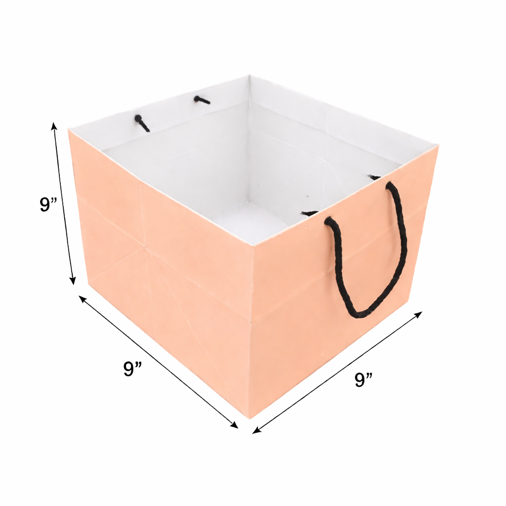 9 x 9 x 9 inch peach custom paper gift bag with black handles for retail and gift packaging.