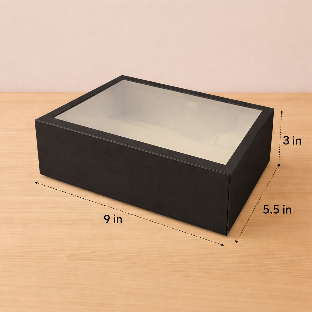 9 x 5.5 x 3 inch black window cake packaging box for bakery, dessert and food packaging.