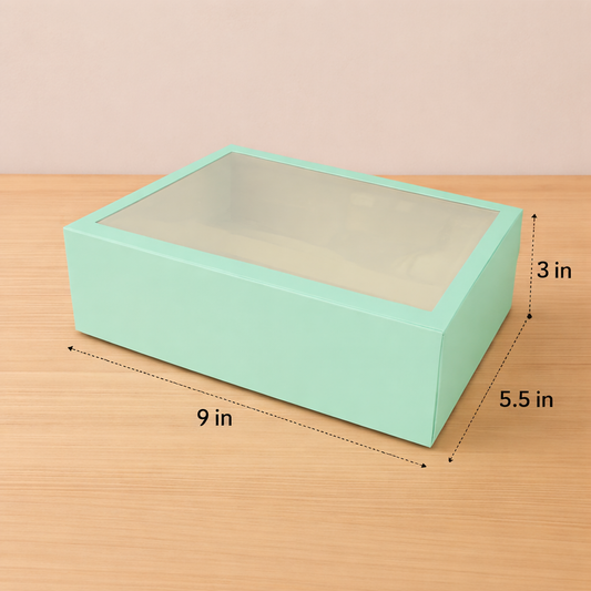 9 x 5.5 x 3 inch mint green custom bakery packaging box with clear window for cakes, cupcakes and desserts.