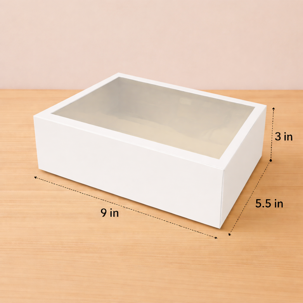 9 x 5.5 x 3 inch white window cake packaging box for bakery, dessert and food packaging.