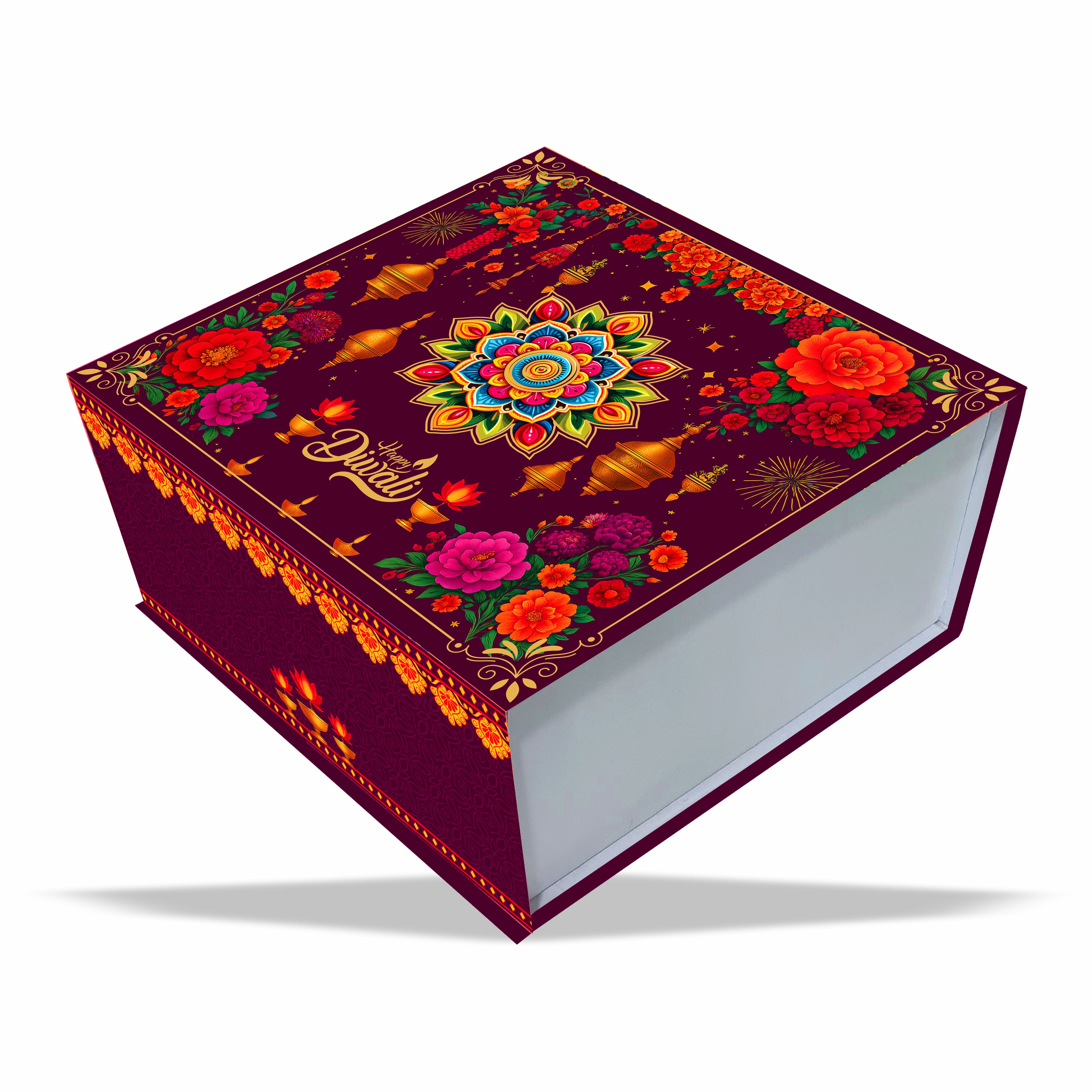 Diwali Magnetic Rigid Hamper Box 9x9x4 inch Design 001 - custom rigid packaging box