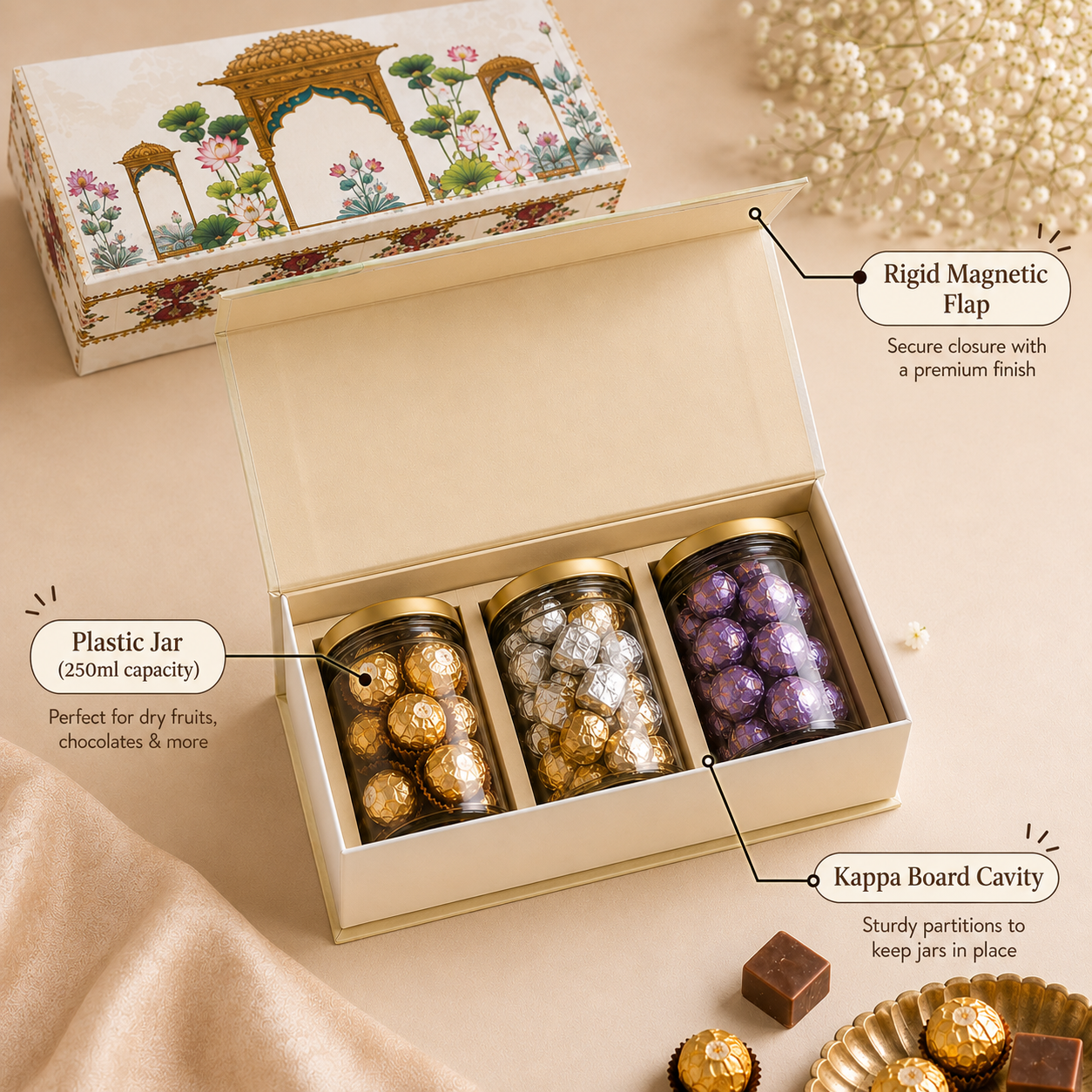 Lotus Palace 3 Jar Hamper Box (Rigid Magnetic Pattern) with Custom Logo Print