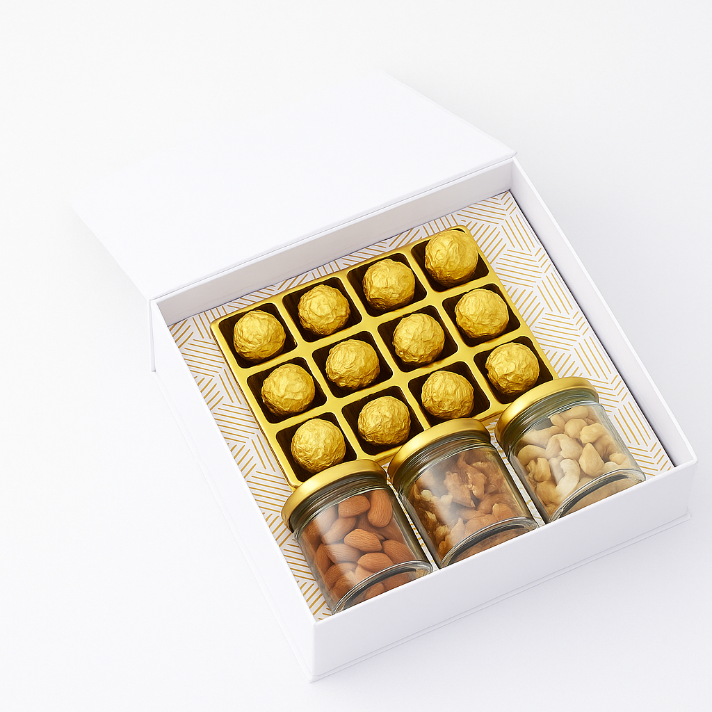 3 Jar & 12 chocolate hamper box with custom logo print