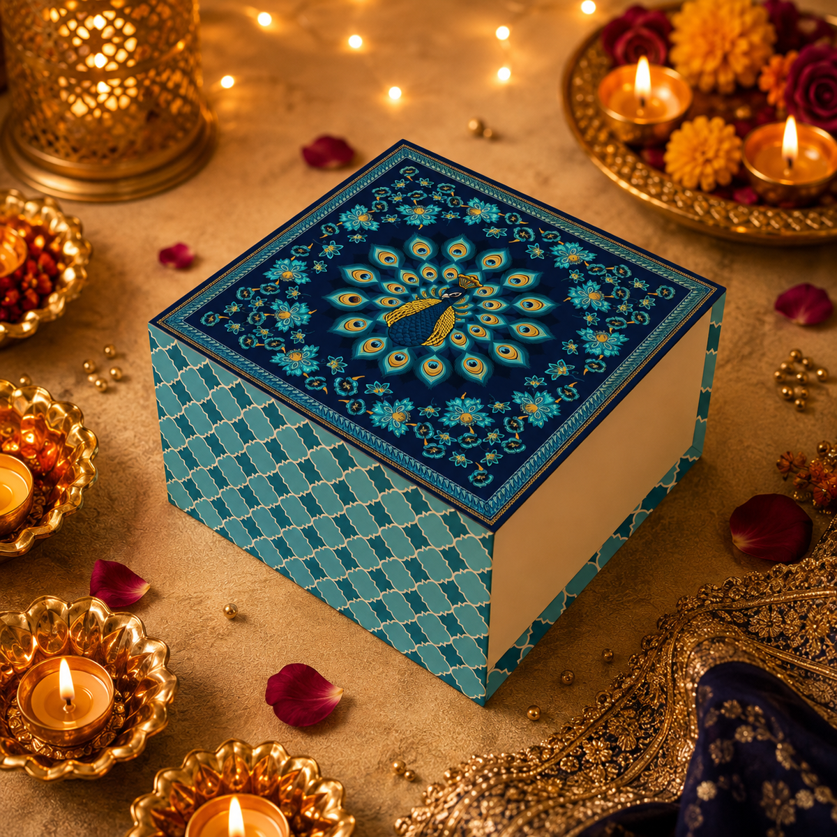 Royal Peacock 4 Jar Hamper Box (Rigid Magnetic Pattern) with Custom Logo Print