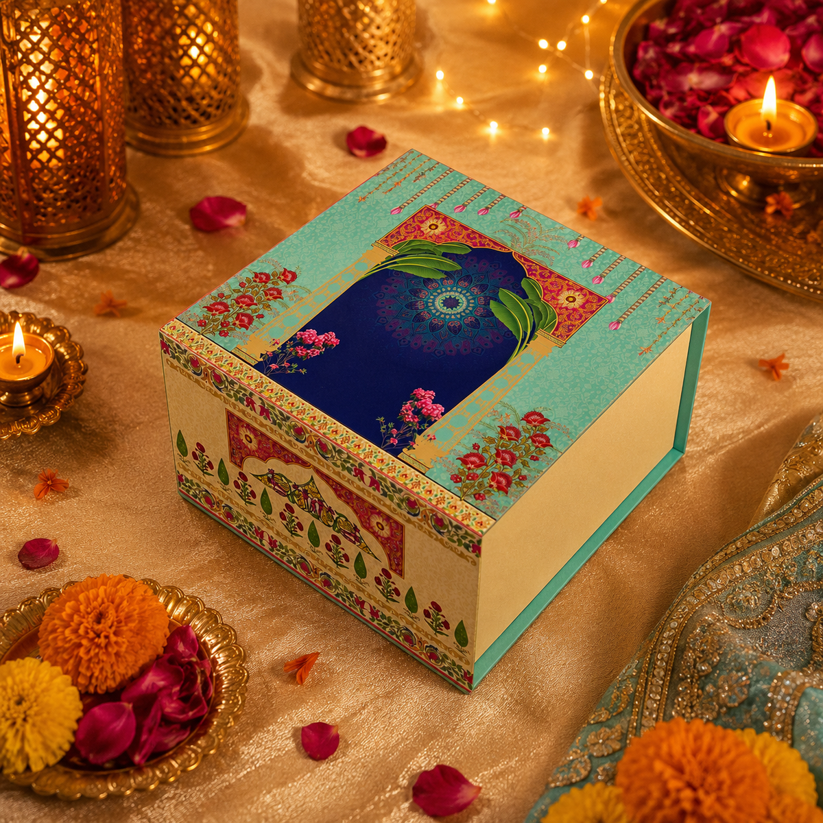 Turquoise Darbar 4 Jar Hamper Box (Rigid Magnetic Pattern) with Custom Logo Print