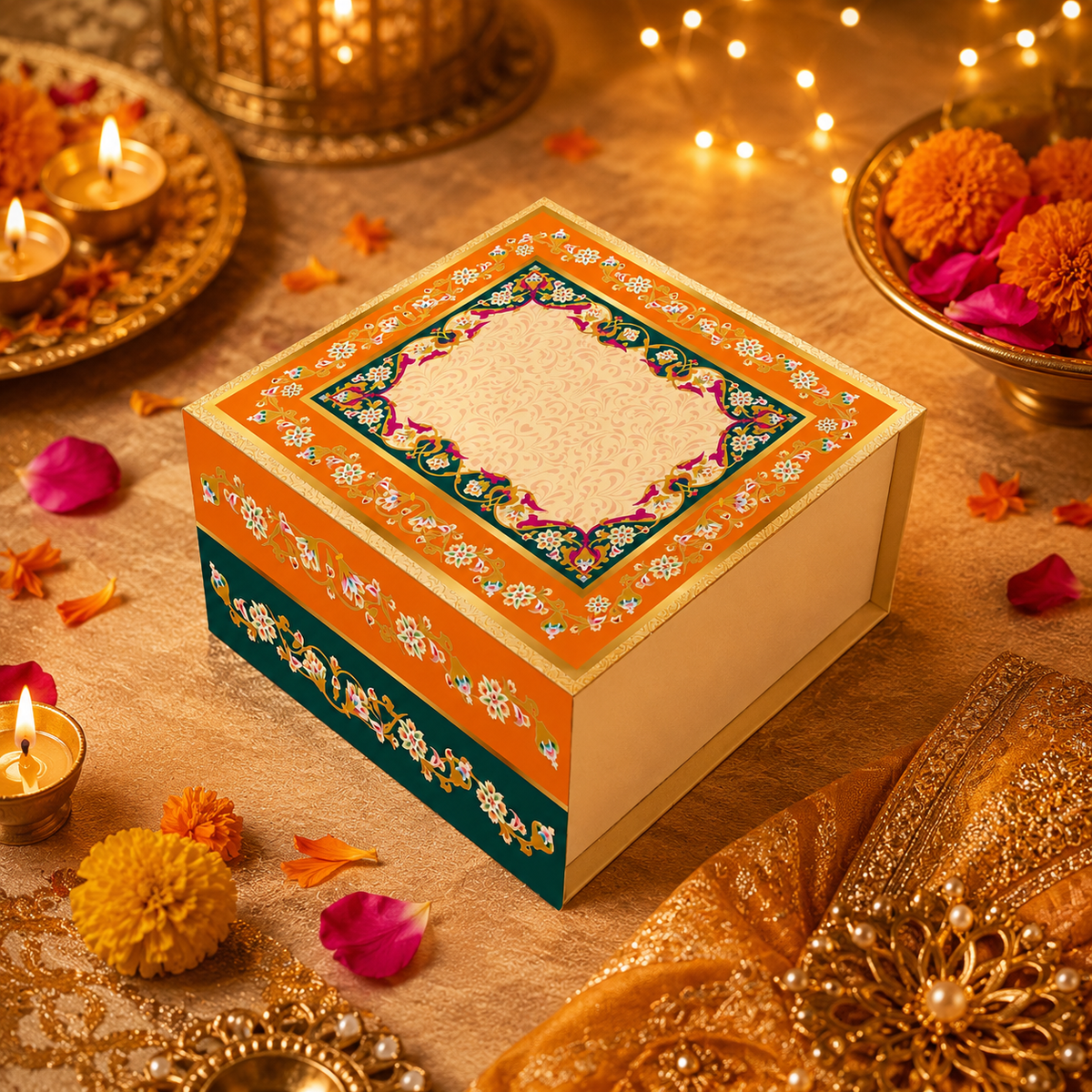 Shahi Phoolkari 4 Jar Hamper Box (Rigid Magnetic Pattern) with Custom Logo Print