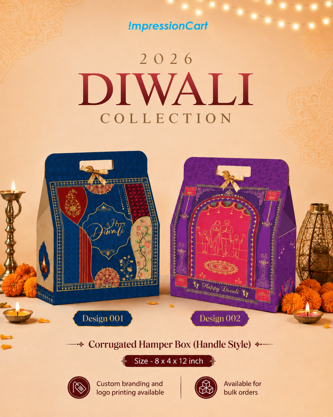 Diwali Corrugated Handle Hamper Box (8×4×12 inch) - Design 002