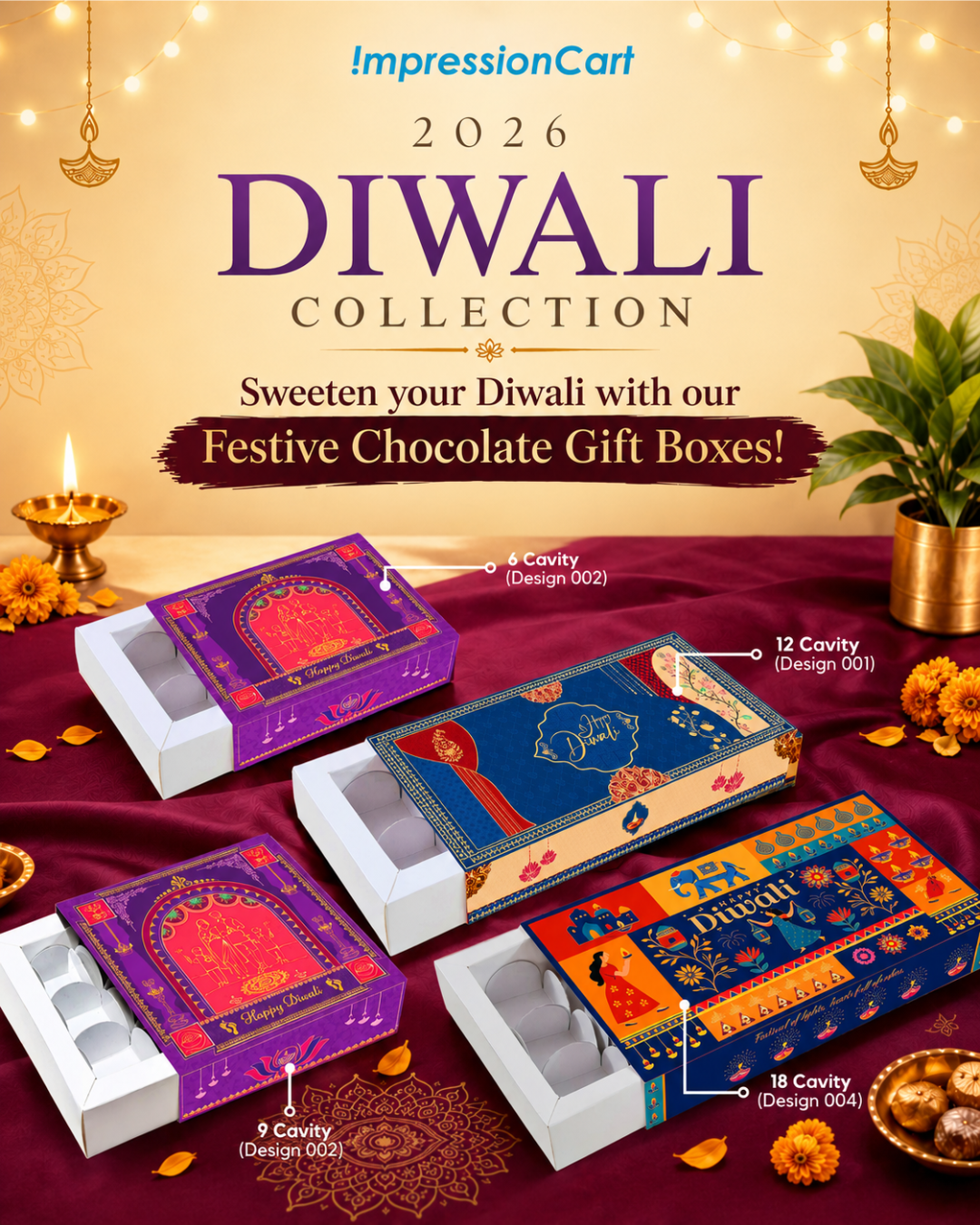 Diwali Chocolate Box for 6 Cavity - Gold Foil - Design 002