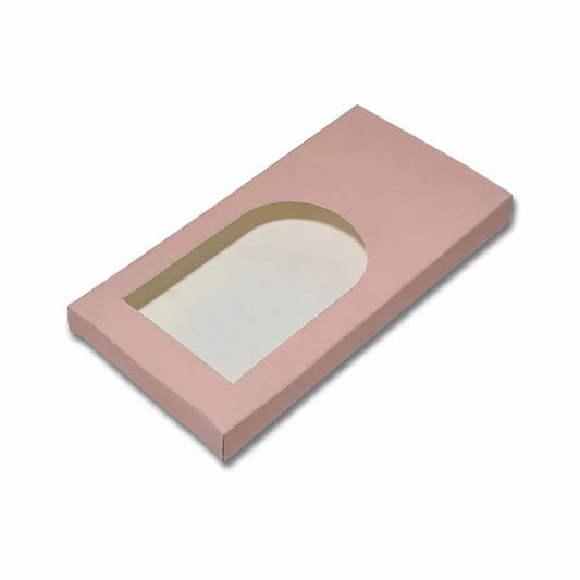 Peach-coloured chocolate bar box with a transparent display window, made from 300 GSM food-grade board