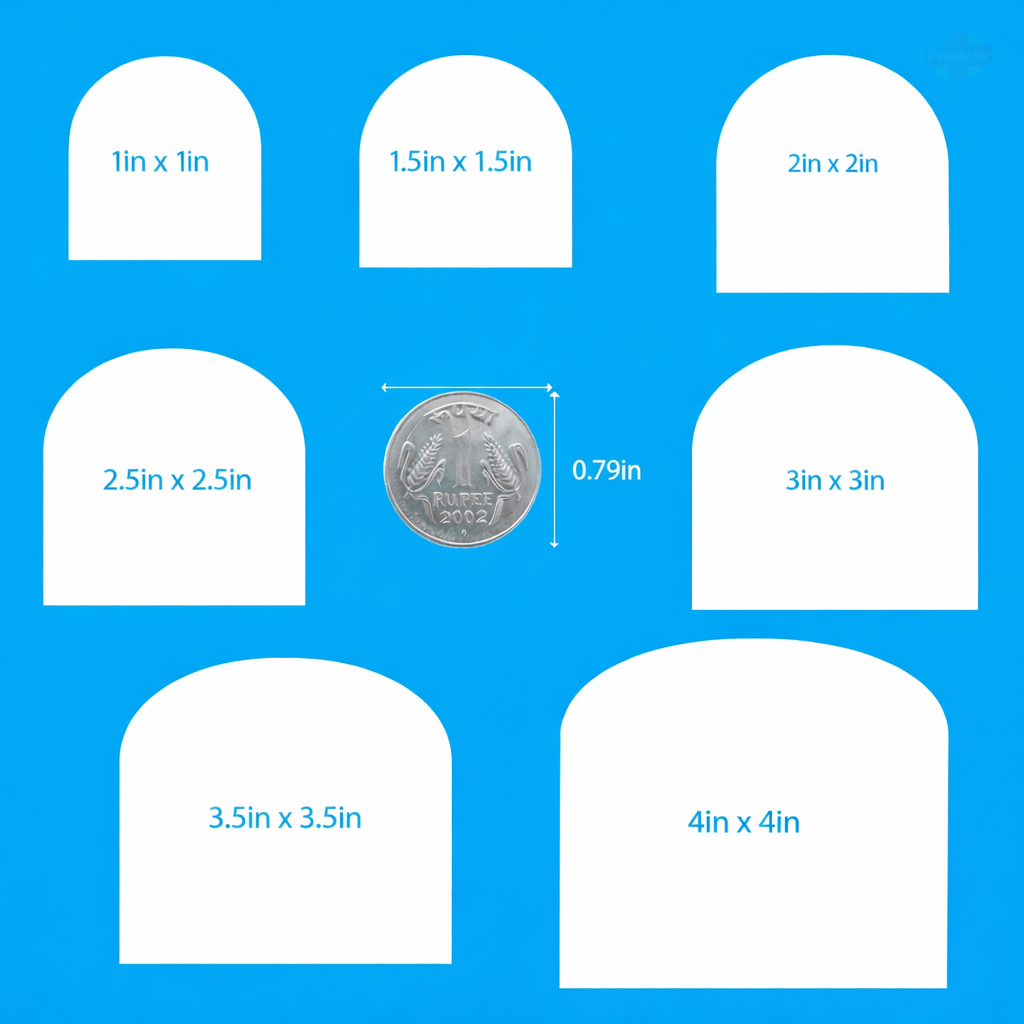 Arch shape square sticker size guide showing 1x1, 1.5x1.5, 2x2, 2.5x2.5, 3x3, 3.5x3.5 and 4x4 inch sticker sizes