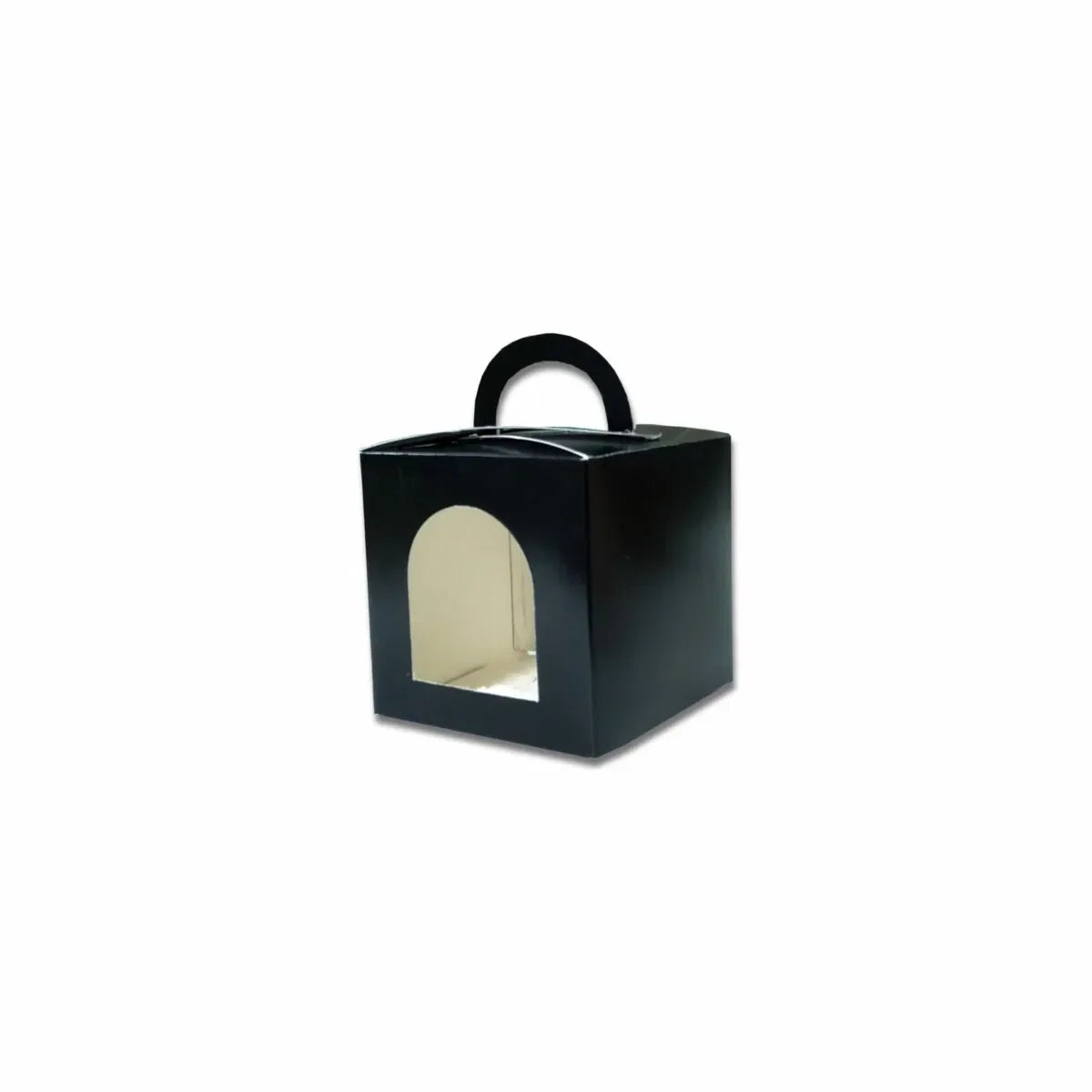 Black cupcake box with one cavity, measuring 3.5 × 3.5 × 3.5 inches, made from 300 GSM food-grade board.