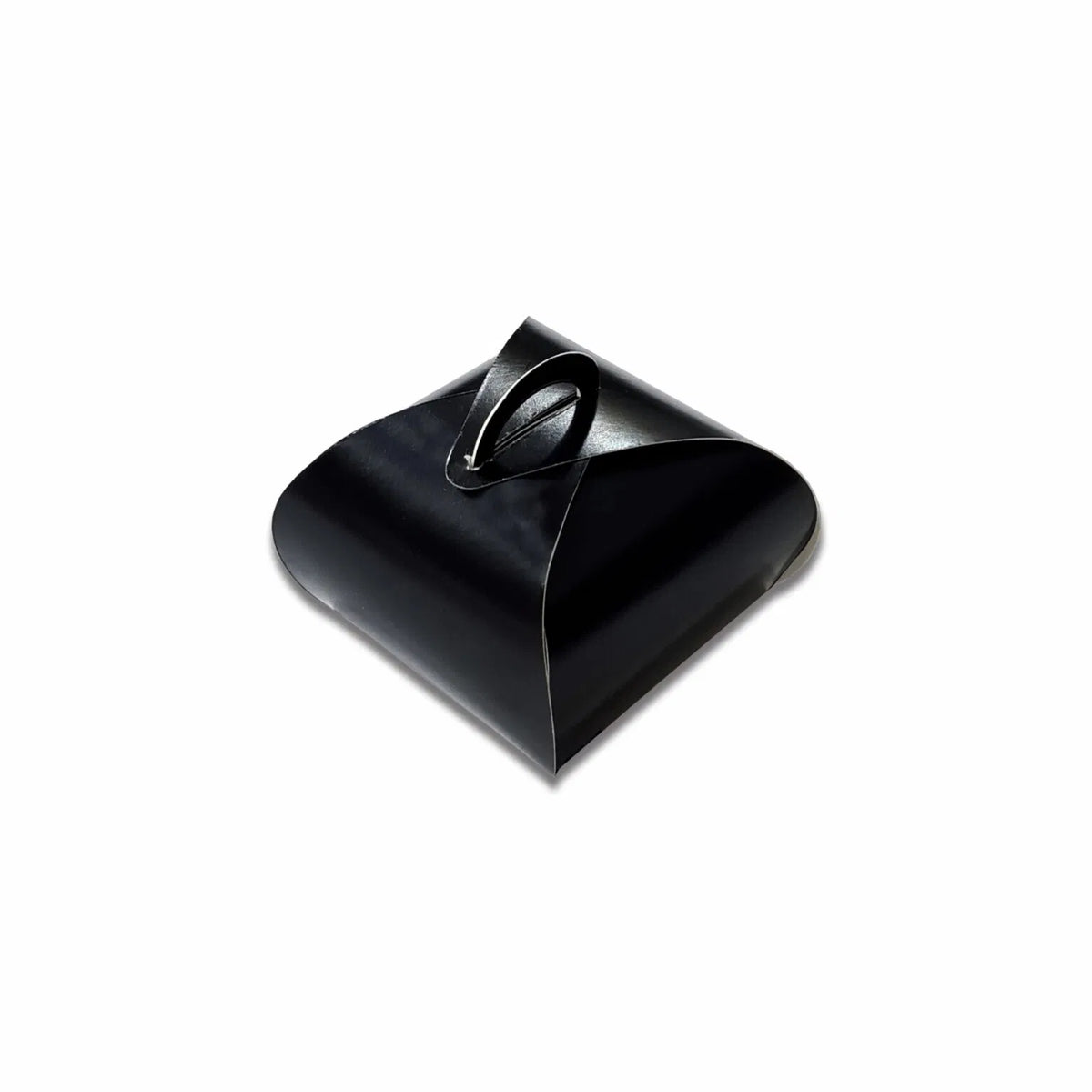 Black wrap style favour box with decorative handle, measuring 8 × 8 × 4 cm