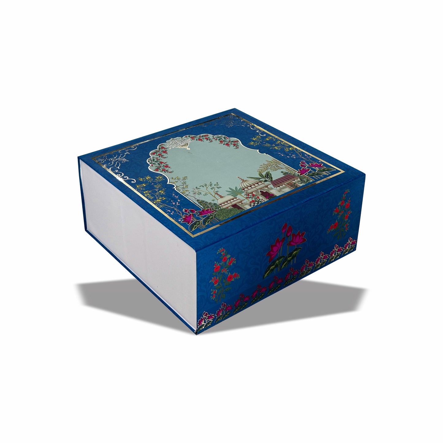 Blue floral gold foil rigid hamper box with decorative printed lid for festive and premium gift packaging