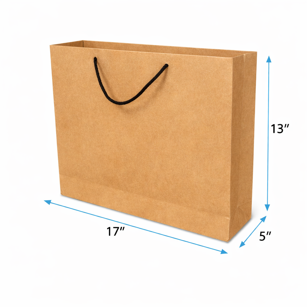 Premium 17x13x5 Inch brown
 paper bag with rope handles manufactured by ImpressionCart for clothing packaging, boutique shopping bags, gift packaging, retail branding and custom printed paper bags.