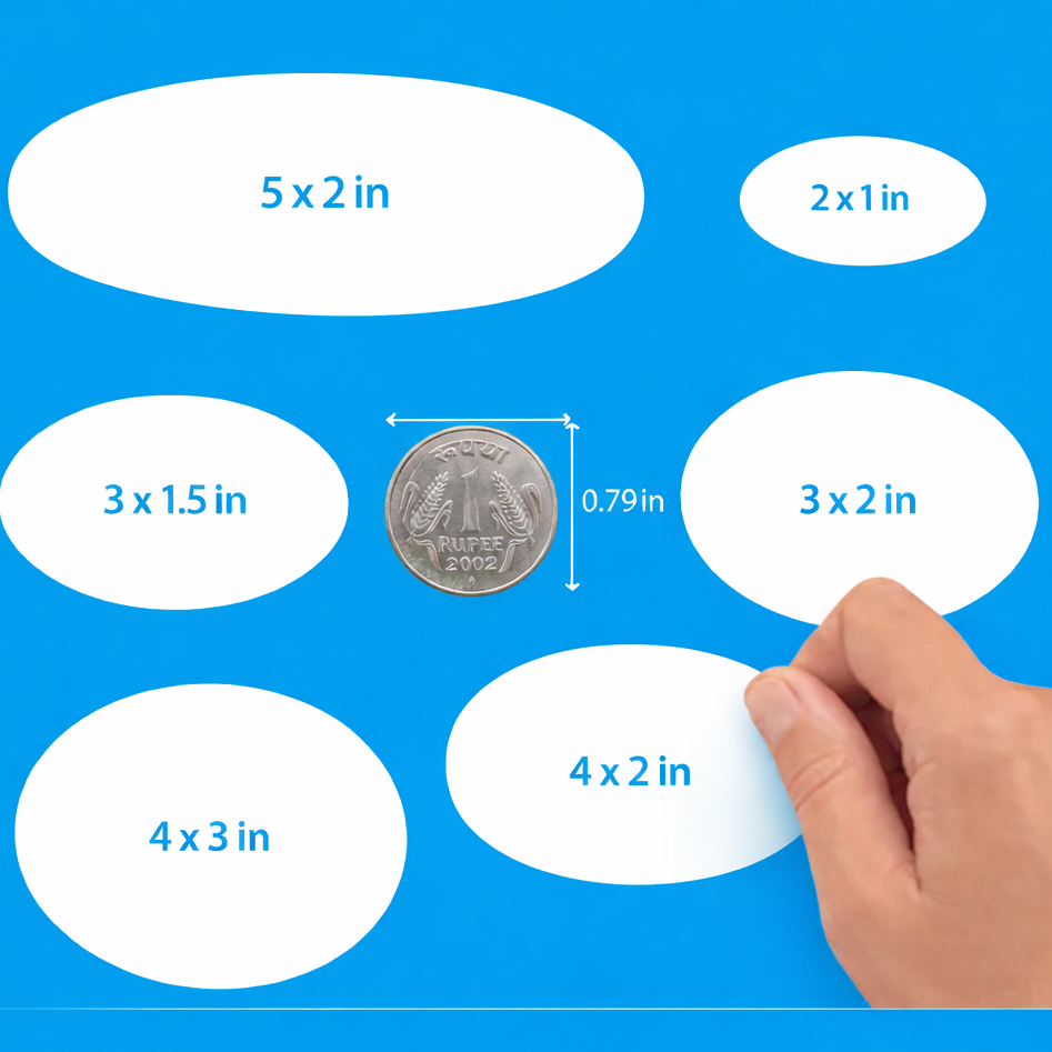 Custom oval sticker size guide showing 2x1, 3x1.5, 3x2, 4x2, 4x3 and 5x2 inch sizes