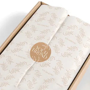 Custom printed butter paper for apparel packaging, available in 40–50 GSM paper and four sizes. Add your clothing brand logo with single-colour printing or choose non-printed sheets