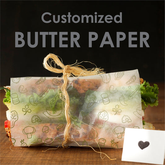 Custom printed butter paper with brand logo for food wrapping and takeaway packaging
