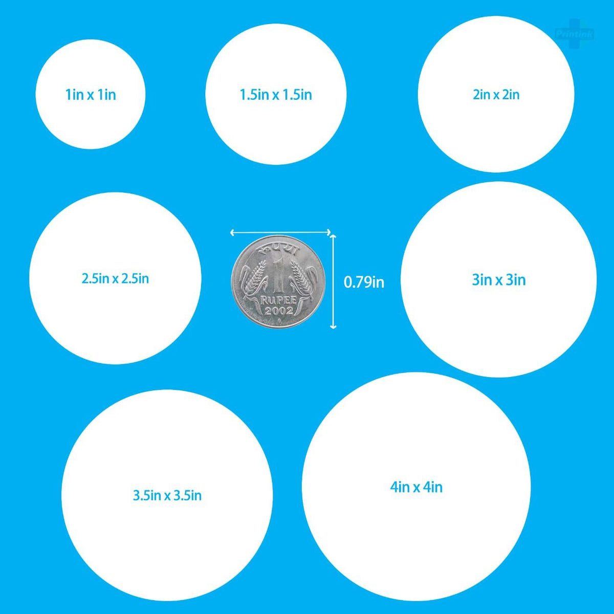 Custom round stickers in 1, 1.5, 2, 2.5, 3, 3.5 and 4 inch sizes with size comparison