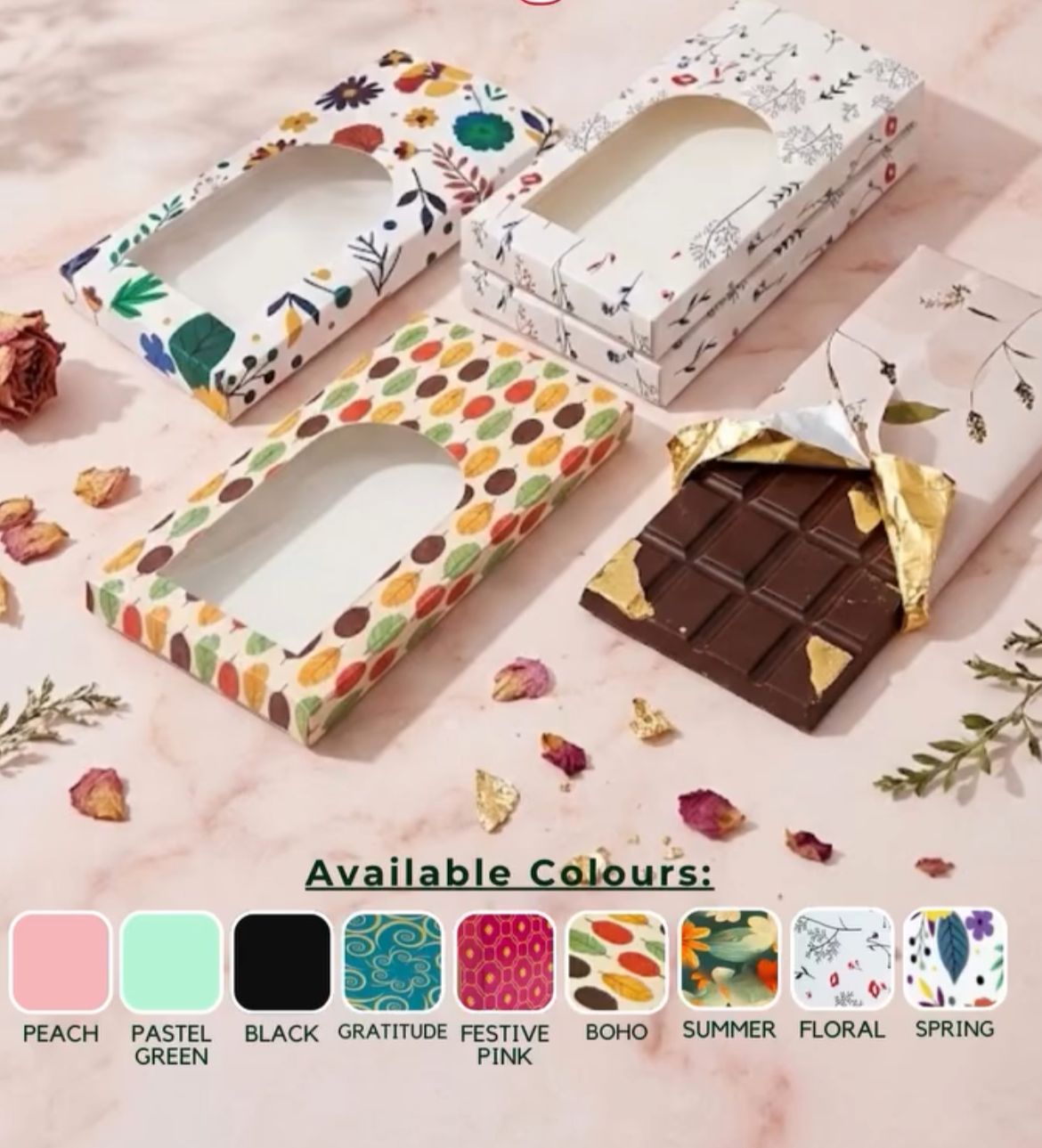 Decorative chocolate bar boxes in floral and festive designs with multiple colour options for chocolate packaging