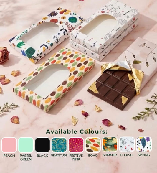 Decorative chocolate bar boxes in floral and festive designs with multiple colour options for chocolate packaging