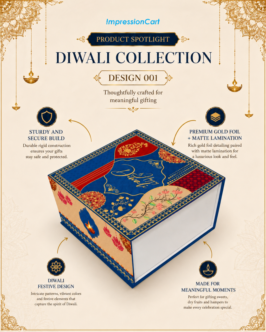 Diwali Rigid Magnetic Hamper Box (9×9×4 inch) - Design 001