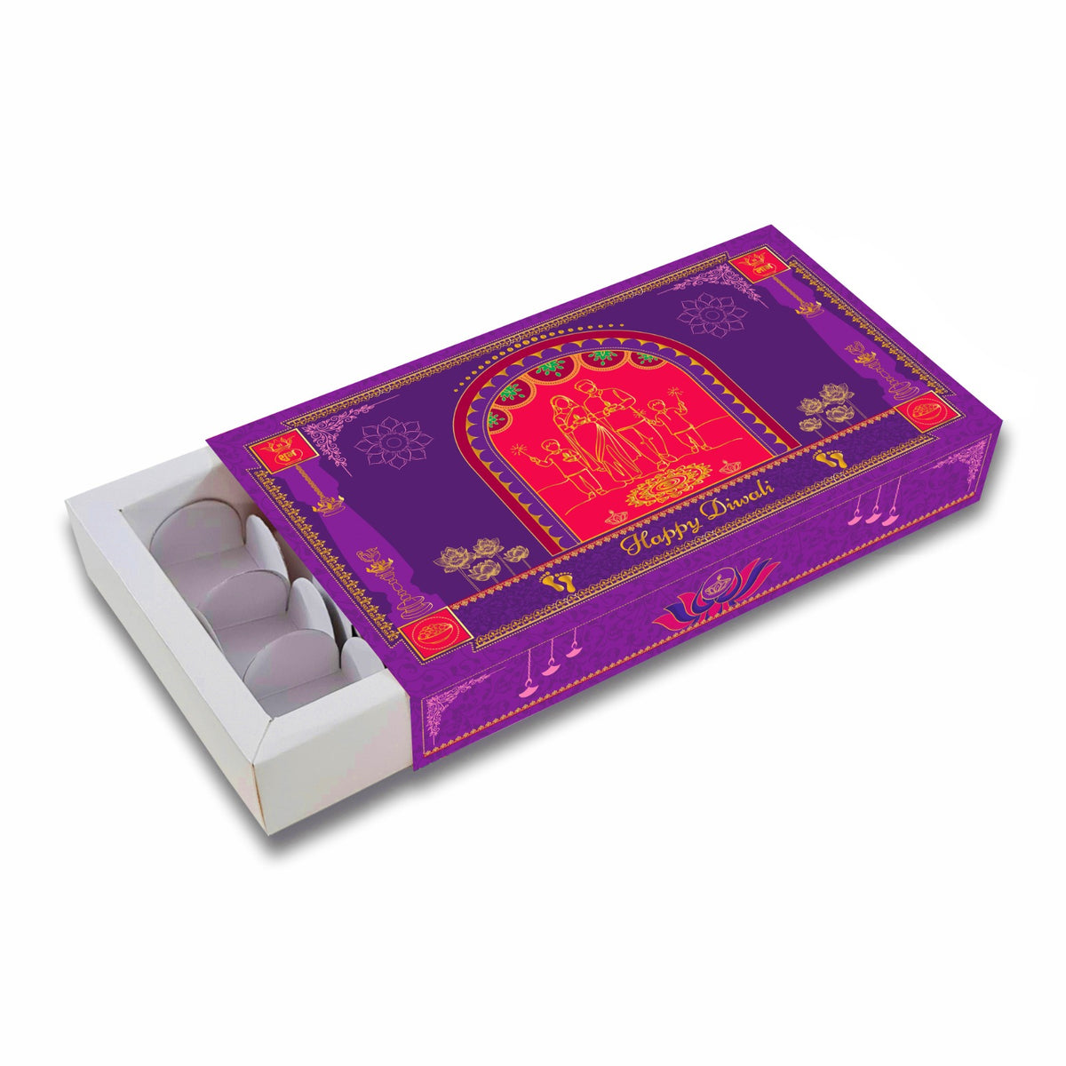 Diwali chocolate box with  cavities in purple and red gold foil design, shown open for festive chocolate gifting