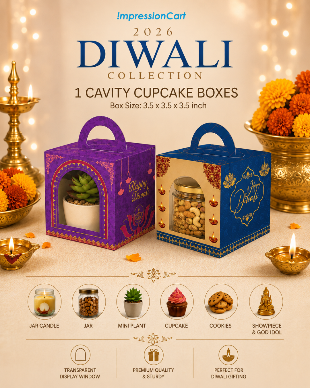 Diwali Cupcake Box 1 Cavity (3.5×3.5×3.5 inch) - Design 001
