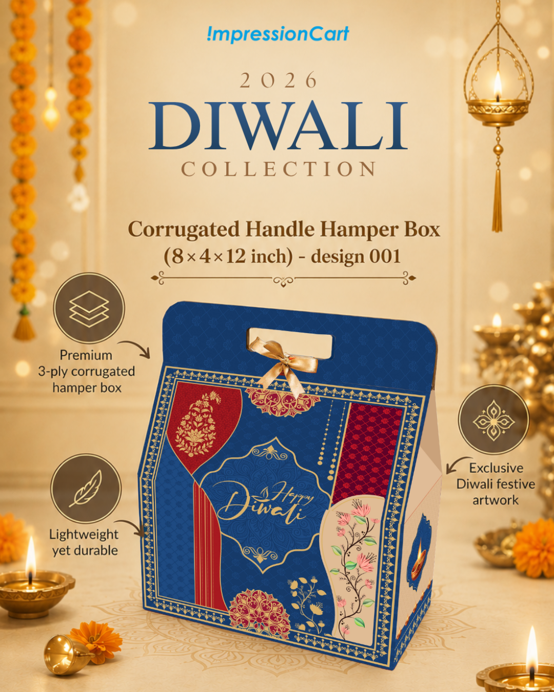 Diwali Corrugated Handle Hamper Box (8×4×12 inch) - Design 001