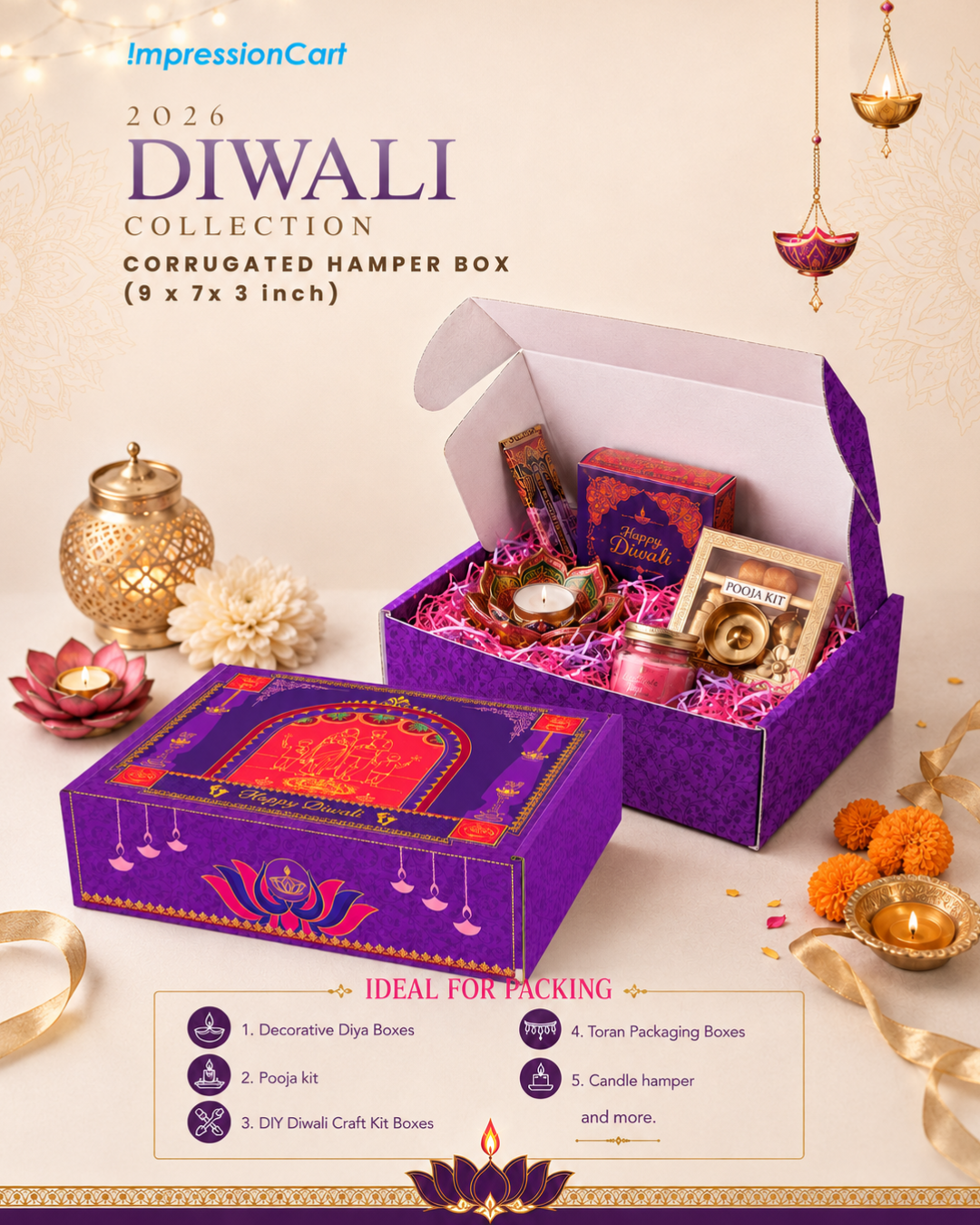 Diwali Corrugated Hamper Box (9×7×3 inch) - Design 002