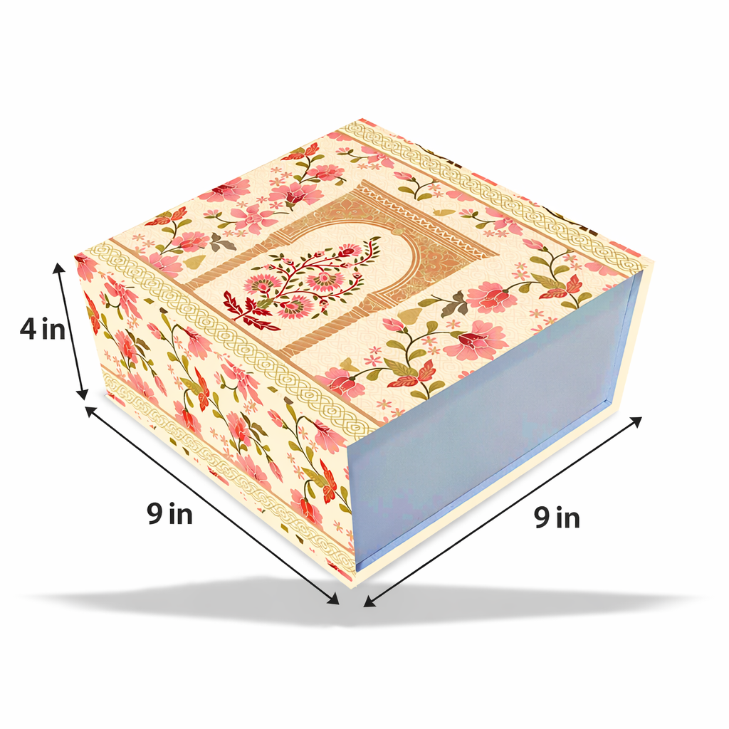 Festive floral gold foil magnetic rigid hamper box 9x9x4 inch for premium gift and festive packaging