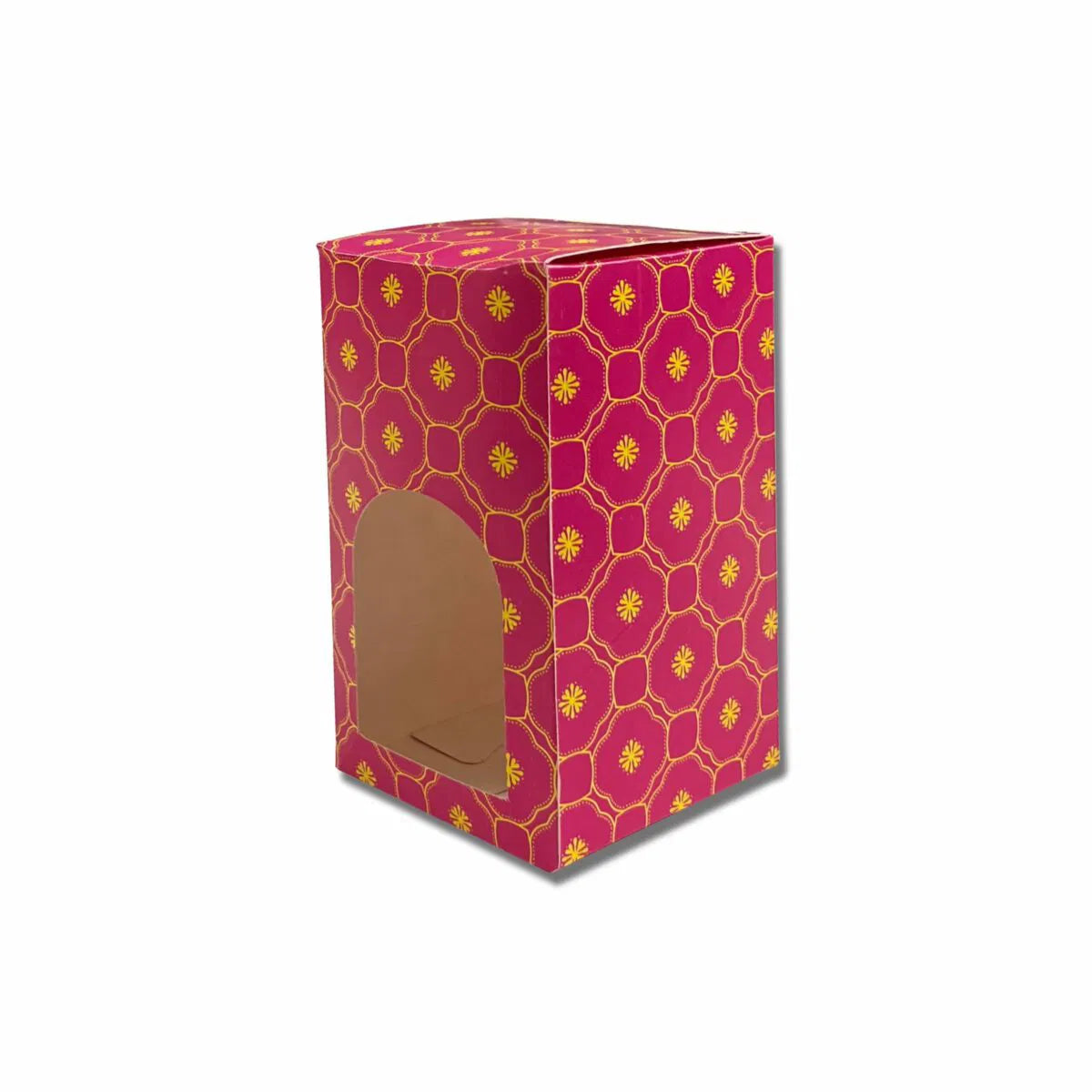 Festive pink cookie box with a decorative gold-toned pattern, measuring 5 x 3 x 3 inches.