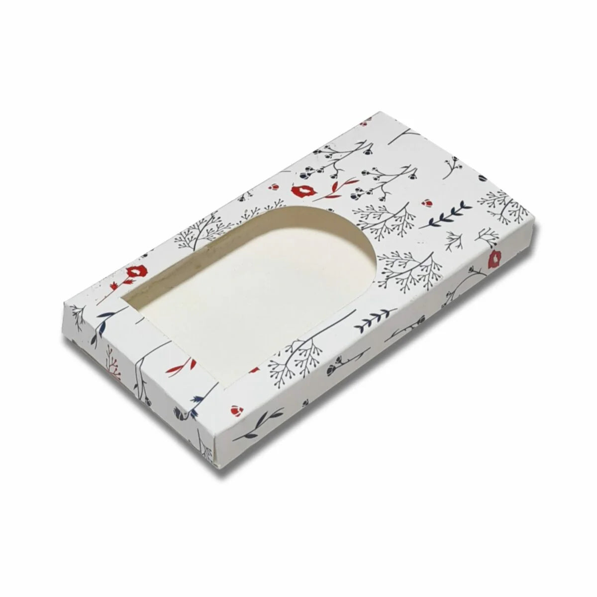 Floral chocolate bar packaging box measuring 17×8×1.3 cm for handmade chocolates and gifting.