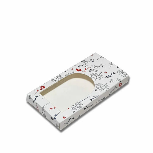 Floral chocolate bar packaging box measuring 14 x 7.5 x 1.3 cm made from 285 GSM food-grade board