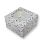 Floral flat cupcake box designed for four cupcakes, measuring 6 × 6 × 3.8 inches, made from 300 GSM food-grade board.