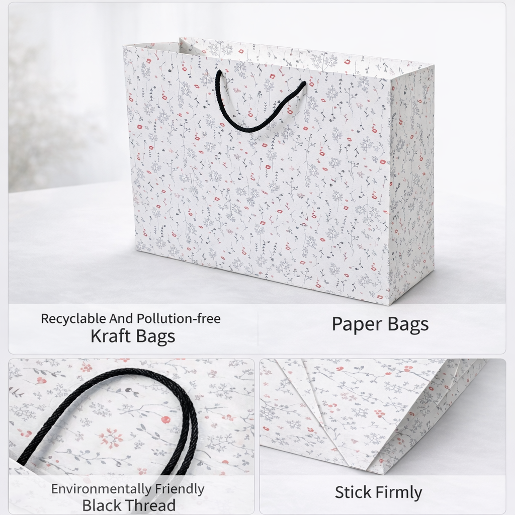 floral Paper Bag (17x13x5 Inch) with rope handles for clothing stores, gift packaging, shopping, boutique bags, wedding favors, retail packaging and luxury paper bags.