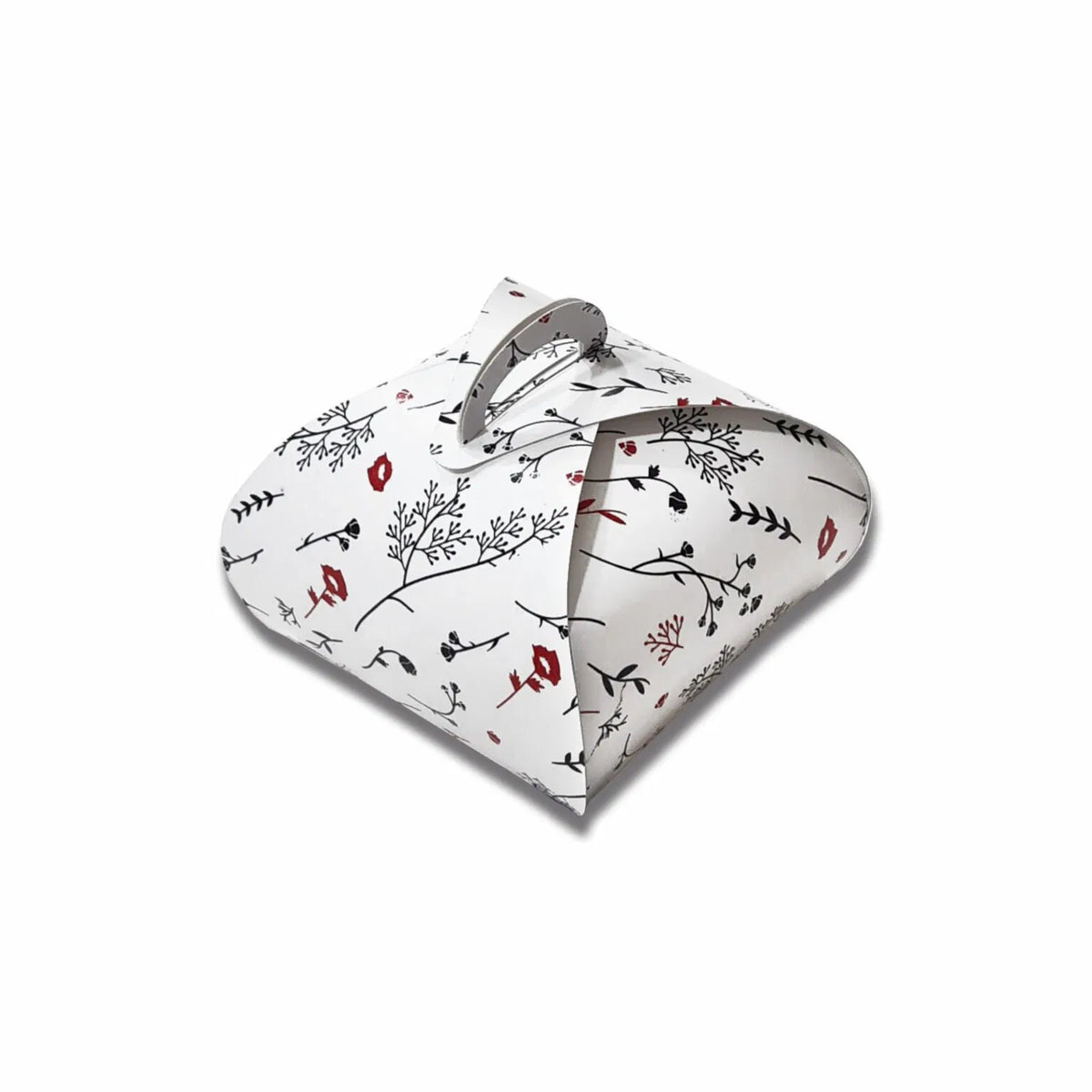 Floral printed wrap style gift box with handle, measuring 8 × 8 × 4 cm.